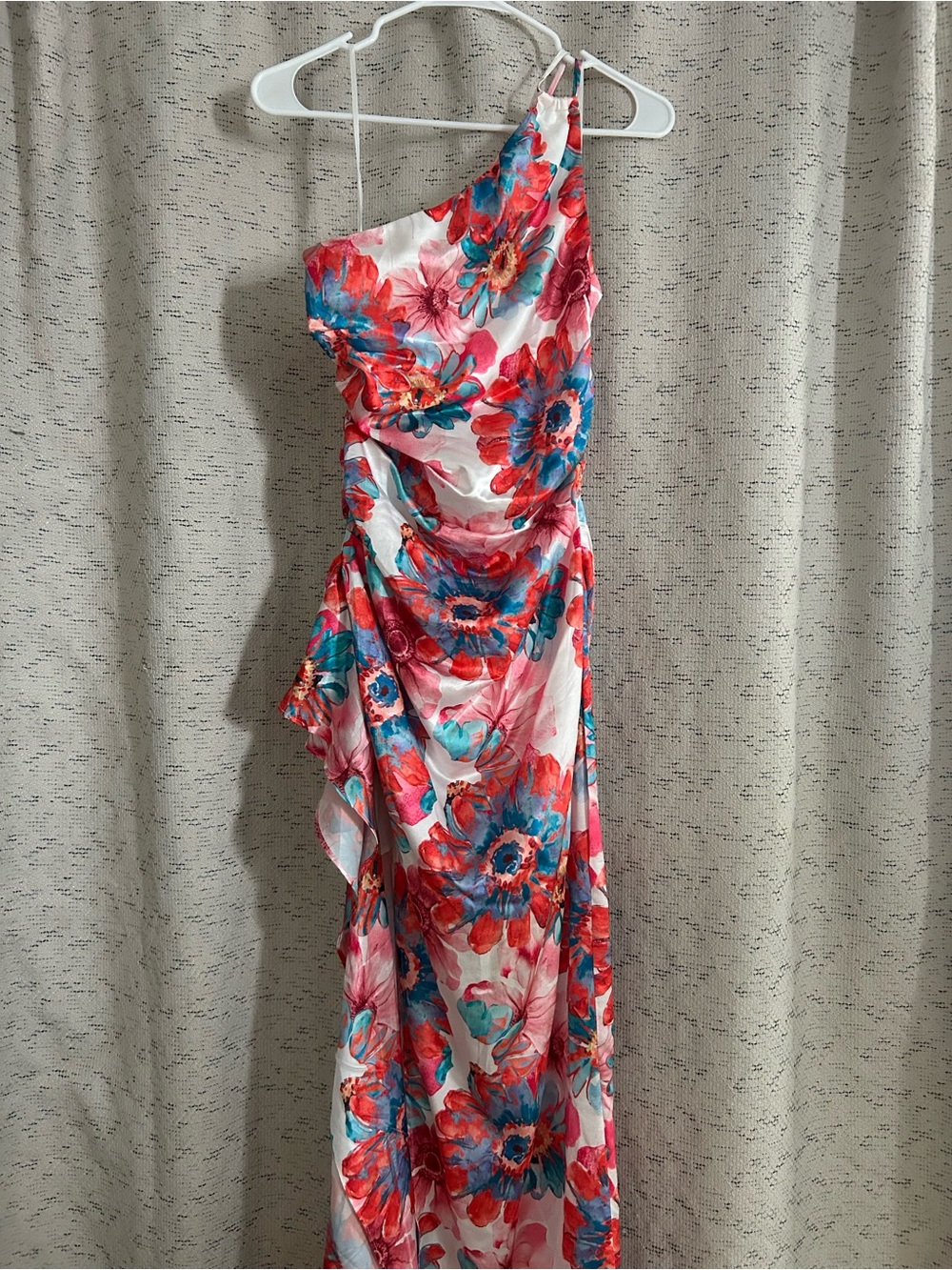 Hello Molly White One-Shoulder Midi Dress with Coral & Blue Floral Print - Picture 2 of 2